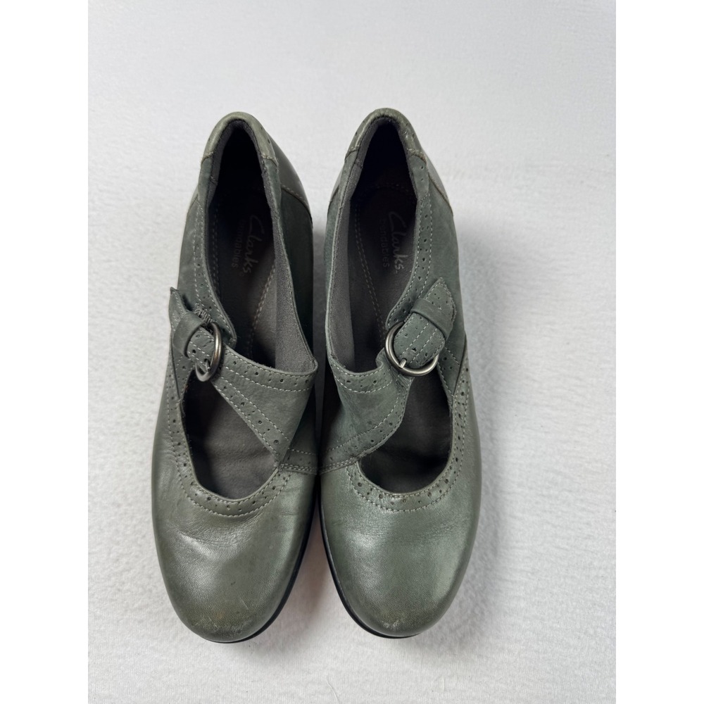 Dark Academia Clarks Womens 8.5 Mary Jane Grey Leather Brogue Block Heel 39346 - Picture 12 of 12